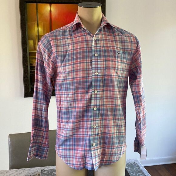 Vineyard Vines Extra Small Classic Fit Ticket Shirt Pink And Blue Plaid - Picture 1 of 5